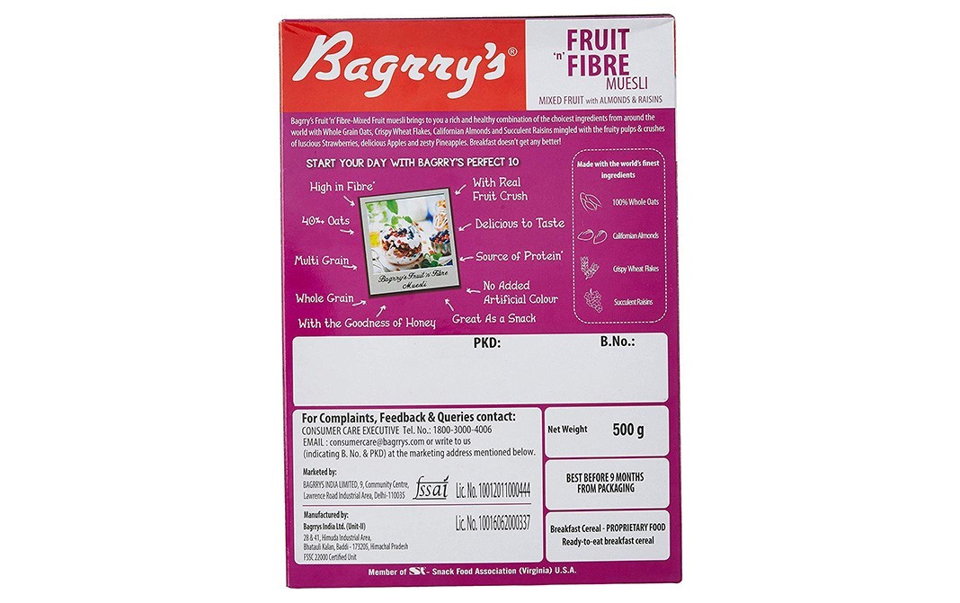Bagrry's Fruit 'n' Fibre Muesli Mixed Fruit with Almonds & Raisins   Box  500 grams